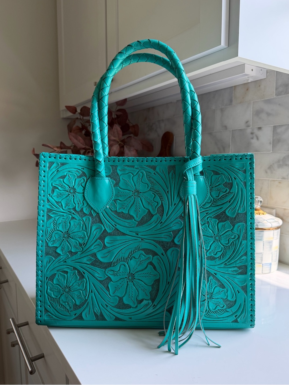 Que Chula! Marcos Large Tooled Leather Turquoise Tote Bag